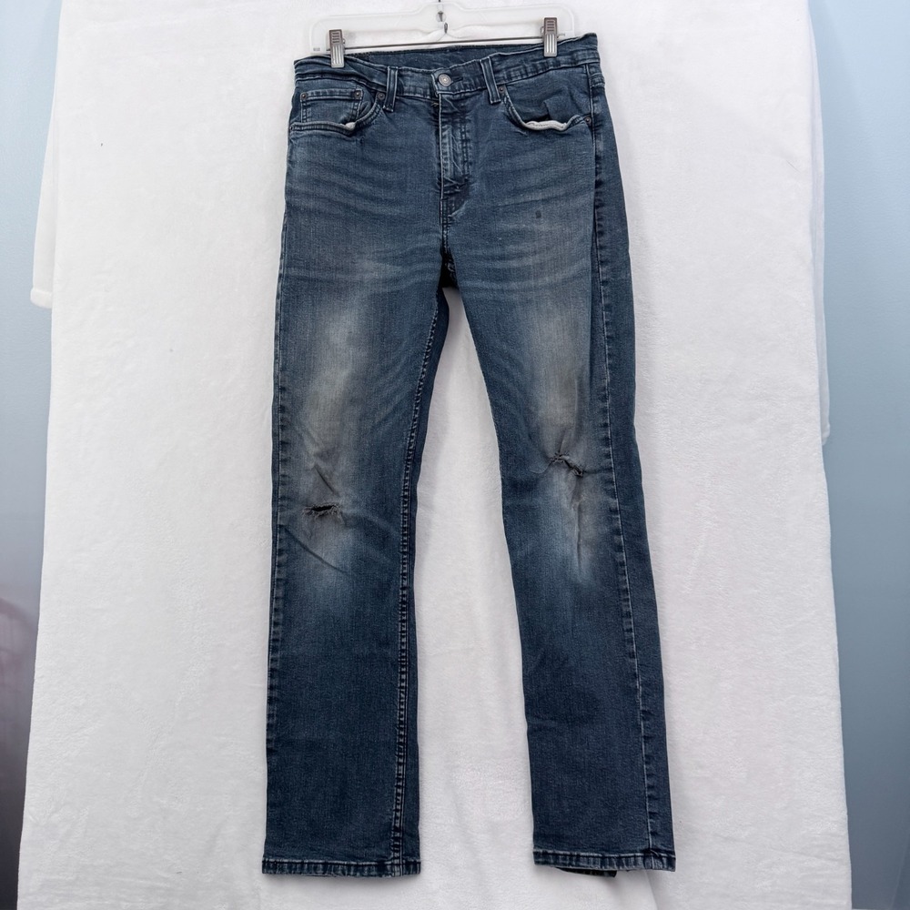 Levis 514 Jeans Mens 33x32 (32x31) Blue Whisker Distressed Straight Leg Stretch